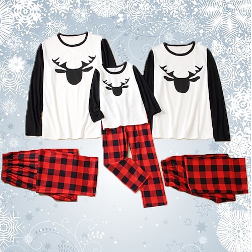 

Christmas Pajamas Family Set Ugly Plaid Deer Home White Long Sleeve Mom Dad and Me Basic Matching Outfits