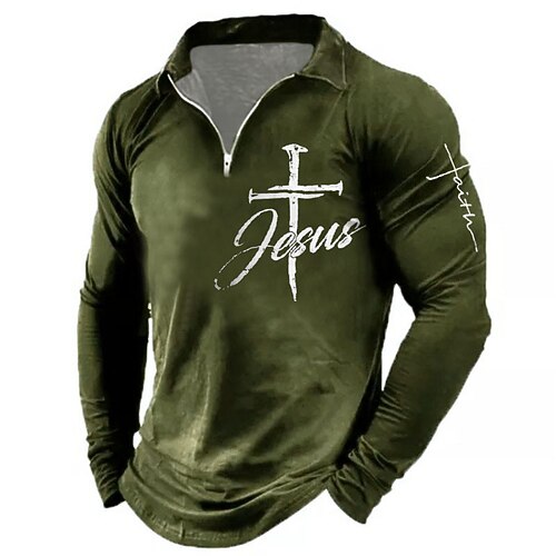 

Men's Polo Shirt Golf Shirt Letter Graphic Prints Cross Turndown Green Black Blue Gray 3D Print Outdoor Street Long Sleeve Zipper Print Clothing Apparel Fashion Designer Casual Soft