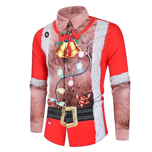 

Men's Shirt Santa Claus Elk Graphic Prints Ugly Christmas Turndown Black and Red Red / White Black White Red Green Black 3D Print Christmas Street Long Sleeve Button-Down Print Clothing Apparel