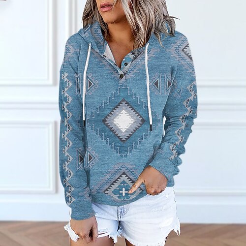 

Women's Hoodie Sweatshirt Pullover Basic Ethnic Button Blue Purple Pink Geometric Street Hoodie Long Sleeve S M L XL 2XL 3XL