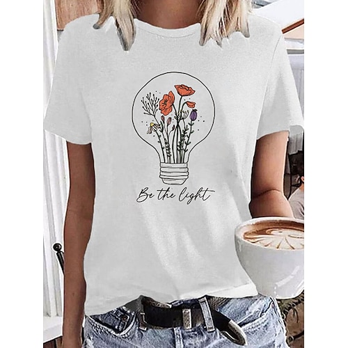 

Women's T shirt Tee 100% Cotton White Yellow Light Green Graphic Floral Print Short Sleeve Daily Holiday Basic Round Neck Regular 100% Cotton Painting S