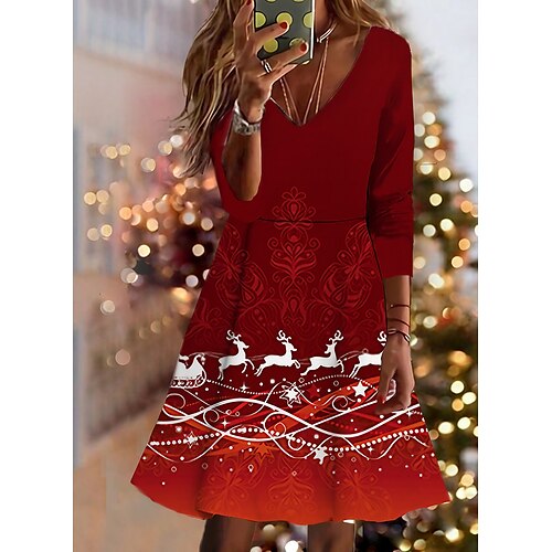 

Women's Christmas Casual Dress Sequin Dress Mini Dress Wine Light Red Red 3/4 Length Sleeve Elk Sequins Winter Fall Autumn V Neck 2022 S M L XL 2XL 3XL