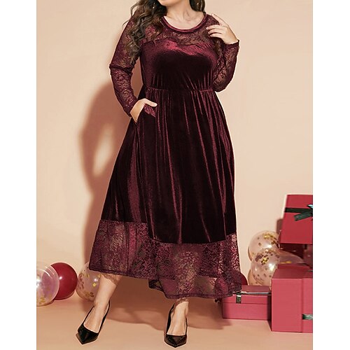 

Women's Plus Size Velvet Dress Pure Color Crew Neck Long Sleeve Winter Fall Elegant Modern Midi Dress Holiday Going out Dress