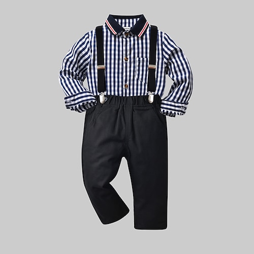 

2 Pieces Toddler Boys Shirt & Pants Outfit Plaid Long Sleeve Set Outdoor Fashion Fall Spring 3-7 Years Black Blue