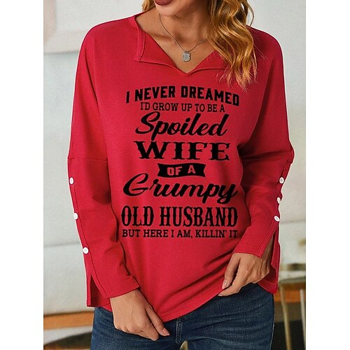 

Women's T shirt Tee Beige Letter Print Long Sleeve Home Christmas V Neck Regular