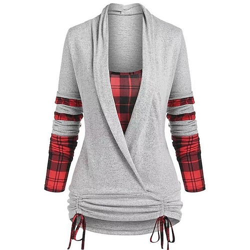 

Women's Plus Size Tops Blouse Shirt Plaid Ruched Fake two piece Long Sleeve U Neck Casual Holiday Daily Vacation Knit Winter Fall Black Light Gray