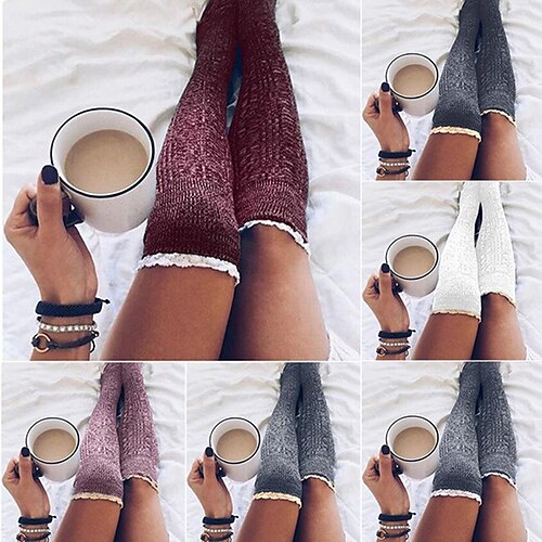 

Women's Stockings Thigh-High Crimping Socks Tights Thermal Warm Stretchy Knitted Lace Trims Fashion Casual Daily Wine Dark Grey White One-Size