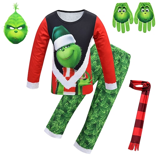 

Kids Boys 2 Pieces Christmas T-shirt & Pants Long Sleeve Grinch Green Light Green Cartoon Plaid Winter Fall Basic Home 7-13 Years