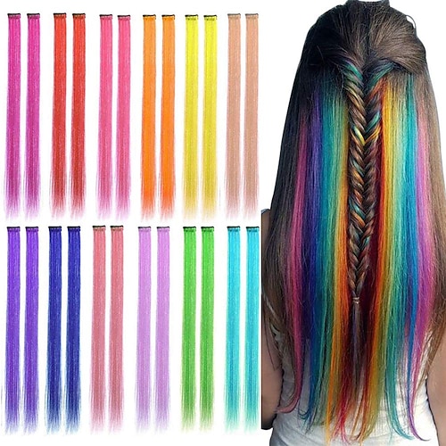 

24PCS 12 Colored Clip in Hair Extensions 22inch Rainbow Heat-Resistant Straight Highlight Hairpieces Halloween Cosplay Party Christmas New Year Hair Accessories Gift for Teen Girls Kids