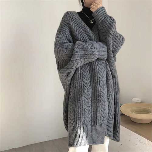 

Women's Cardigan Sweater Jumper Waffle Knit Hollow Out Solid Color V Neck Casual Daily Weekend Winter Fall Dark Gray White One-Size