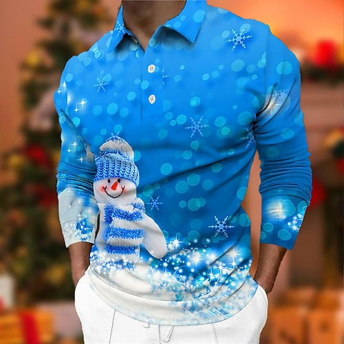 

Men's Polo Shirt Golf Shirt Snowman Turndown Green Blue Yellow Red 3D Print Christmas Street Long Sleeve Button-Down Print Clothing Apparel Fashion Designer Casual Breathable