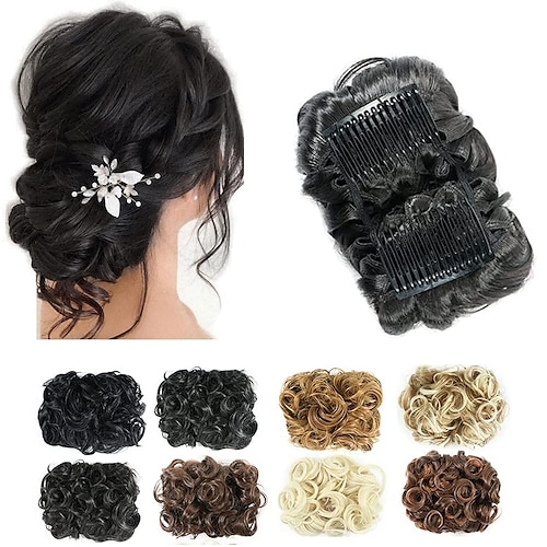 

Hair Bun Extension Short Messy Curly Dish Easy Stretch hair Combs Clip in Ponytail Extension Scrunchie Chignon Tray Ponytail Hairpieces for Women Girls