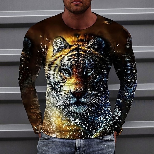 

Herren T Shirt langarmshirt Tiger Grafik-Drucke Rundhalsausschnitt Gelb Blau Purpur Grün Grau 3D-Druck Outdoor Strasse Langarm Bedruckt Bekleidung Basic Sport Designer Casual