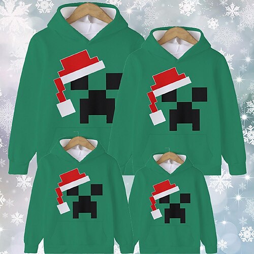 

Family Christmas Hoodie Graphic Santa Claus Outdoor Crewneck Green Long Sleeve Cute Matching Outfits