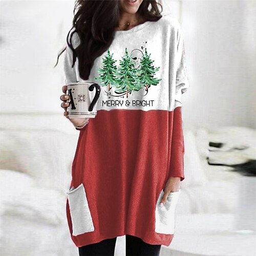 

Women's Christmas Casual Dress T Shirt Dress Tee Dress Mini Dress Green Red Gray Long Sleeve Letter Tree Pocket Print Winter Fall Crew Neck Vacation Casual 2022 XXS XS S M L XL XXL 3XL 4XL