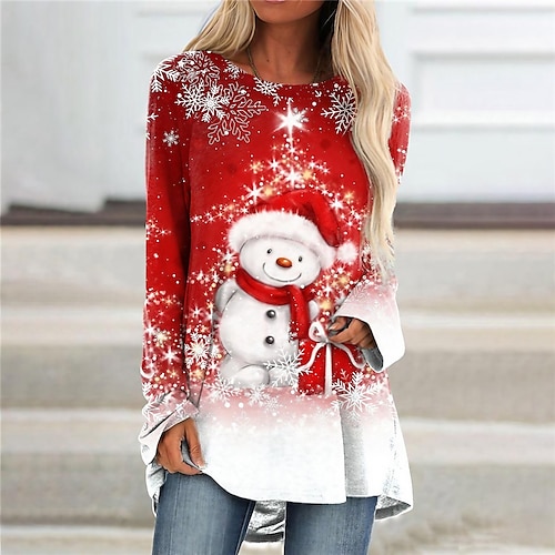 

Women's Christmas Casual Dress T Shirt Dress Tee Dress Shift Dress Mini Dress Red Long Sleeve Snowman Print Winter Fall Autumn Crew Neck Fashion Daily Date 2022 XXS XS S M L XL XXL 3XL 4XL 5XL