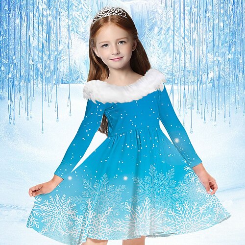 

Frozen Elsa Kids Girls' Dress Snowflake Casual Dress Above Knee Dress Casual Fur Trim Crew Neck Long Sleeve Adorable Dress 2-13 Years Winter Blue Gray