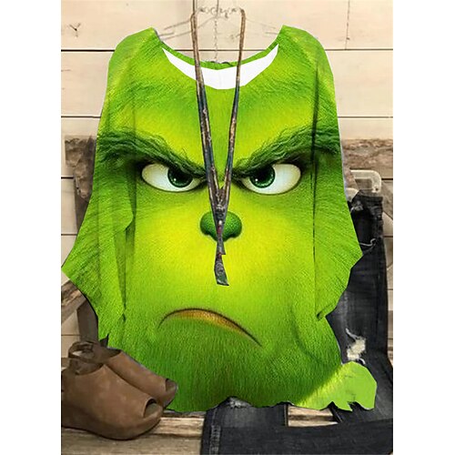 

Women's Plus Size Tops Blouse Shirt Cartoon Print Long Sleeve Crew Neck Casual Festival Christmas Daily Polyester Winter Fall Green Light Green