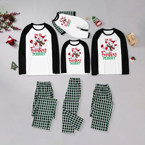 

Christmas Pajamas Family Plaid Letter Snowman Home Green Long Sleeve Basic Matching Outfits