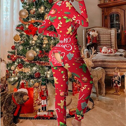 

Women's Christmas Pajamas Onesies Jumpsuits One Piece Pajama Flower Simple Comfort Soft Home Daily Polyester Breathable V Wire Long Sleeve Winter Fall Red