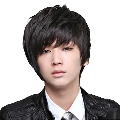 

world wig kul herre gutter kort 25cm rett svart hår fest varmebestandig cosplay parykk
