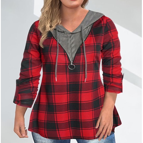 

Women's Plus Size Tops Hoodie Sweatshirt Plaid 3/4 Length Sleeve Hooded Casual Modern Daily Vacation Polyester Winter Fall Red