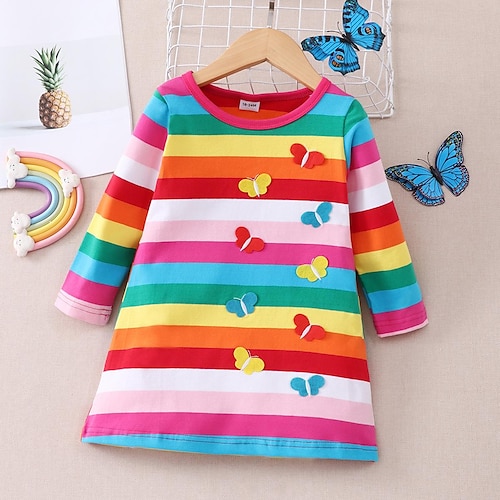 

Kids Girls' Dress Rainbow A Line Dress Above Knee Dress Outdoor Crew Neck Long Sleeve Active Dress 3-7 Years Winter Multicolor