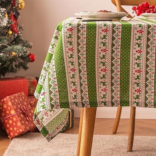 

Christmas Tablecloth Rectangle, Christmas Green Table Cloth,Faux Linen Spillproof Table Cover for Dining, Party & Holidays Decor