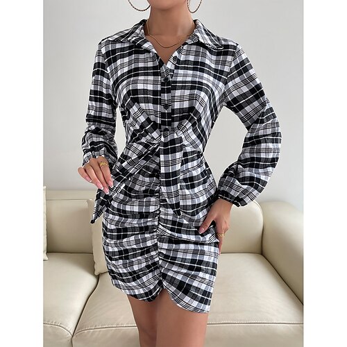 

damen casual pullover kleid tartan kleid mini pullover kleid schwarz-weiß gelb rot langarm kariert knoten vorne sommer frühling hemdkragen elegant 2023 s m l xl