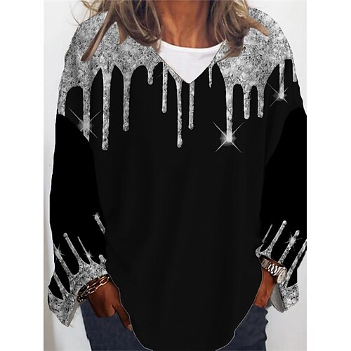 

Women's Plus Size Christmas Tops T shirt Tee Graphic Leopard Print Long Sleeve V Neck Casual Festival Daily Cotton Spandex Jersey Winter Fall Black Yellow