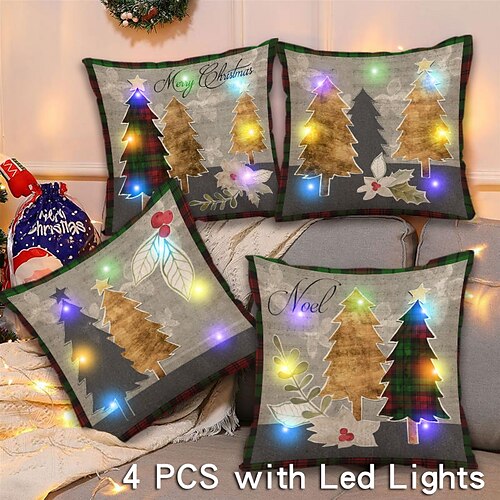 

Christmas LED Lights Throw Pillow Cover 4PC Reindeer Tree Snow Soft Decorative Square Cushion Pillowcase for Bedroom Livingroom Sofa Couch Chair Superior Quality