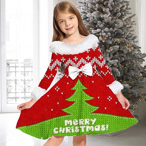 

Kids Girls' Christmas Dress Christmas Tree Casual Dress Above Knee Dress Christmas Gifts Fur Trim Crew Neck Long Sleeve Adorable Dress 2-13 Years Winter Red