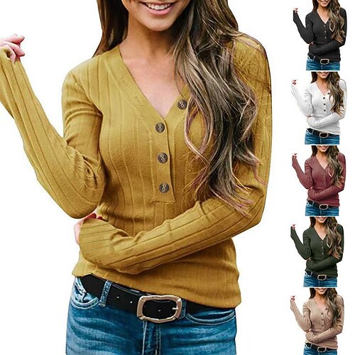 

Women's Tunic Shirts Sweater Knit Button-Down Solid / Plain Color Basic Classic V Neck Regular Spring & Fall Wine Red Black Yellow Khaki Army Green
