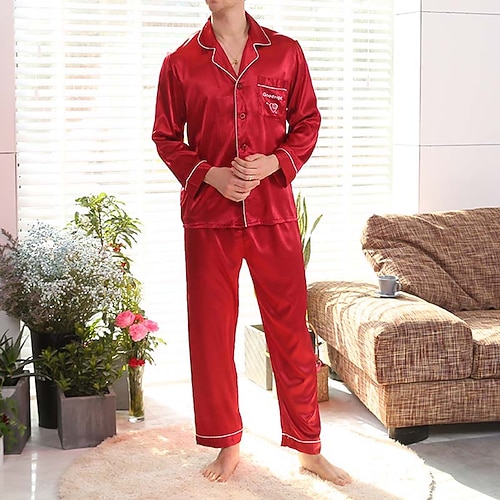 

Men's Sleepwear Silk Pajama 2 Pieces Heart Letter Simple Comfort Home Daily Faux Silk Breathable Lapel Long Sleeve Pant Pocket Fall Spring Blue Wine