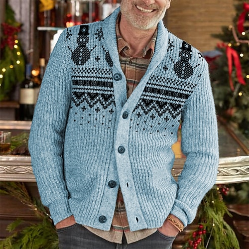 

Men's Ugly Christmas Sweater Cardigan Sweater Ribbed Knit Cropped Knitted Snowman Turndown Warm Ups Modern Contemporary Christmas Daily Wear Clothing Apparel Spring & Fall Blue Red S M L