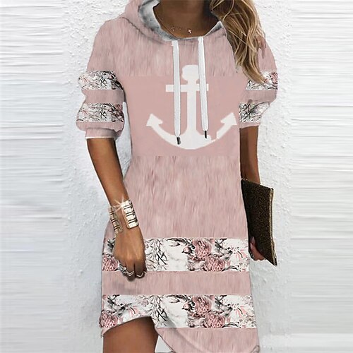 

Women's Hoodie Dress Shift Dress Mini Dress Pink Long Sleeve Floral Print Fall Spring Hooded Daily Vacation Loose Fit 2022 S M L XL XXL 3XL