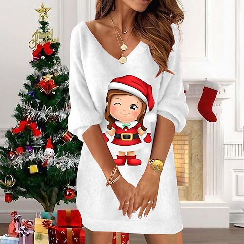 

Women's Sweatshirt Dress Shift Dress Christmas Elf Mini Dress Green Black Red 3/4 Length Sleeve Graphic Print Winter Fall Spring V Neck Fashion Christmas Daily 2022 S M L XL XXL 3XL