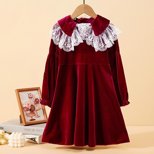 

Kids Girls' Dress Solid Color Velvet Dress Knee-length Dress School Lace Long Sleeve Daily Dress 3-12 Years Winter Red / Fall / Spring / Casual