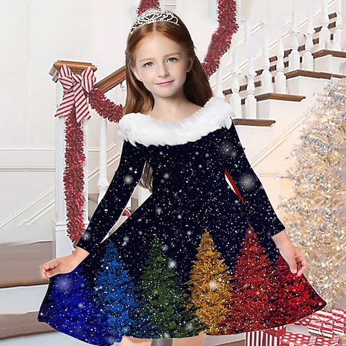

Kids Girls' Christmas Dress Santa Claus Casual Dress Above Knee Dress Christmas Gifts Fur Trim Crew Neck Long Sleeve Adorable Dress 2-13 Years Winter Black Blue Pink