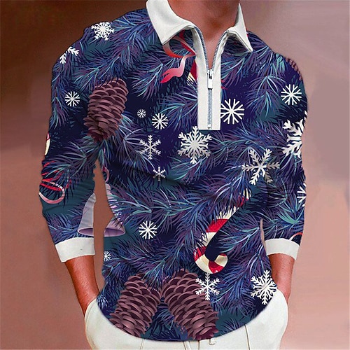 

Men's Collar Polo Shirt Golf Shirt Santa Claus Graphic Prints Snowflake Turndown Blue 3D Print Christmas Street Long Sleeve Zipper Print Clothing Apparel Fashion Designer Casual Soft