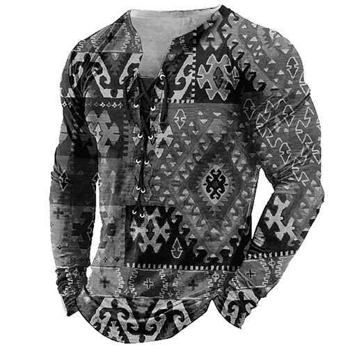 

Men's T shirt Tee Tee Graphic Tribal Collar Blue Brown Gray 3D Print Outdoor Street Long Sleeve Lace up Print Clothing Apparel Basic Designer Casual Classic