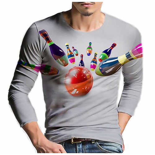 

Men's T shirt Tee Cartoon Graphic Prints Bowling Ball Crew Neck Yellow Gray 3D Print Outdoor Street Long Sleeve Print Clothing Apparel Basic Sports Designer Casual