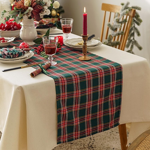 

Christmas Table Runner Long Cotton Linen Holiday Xmas Theme Green Buffalo Plaid Snowflake Farmhouse Rustic Coffee Dining Party Outdoor Christmas Table Runners