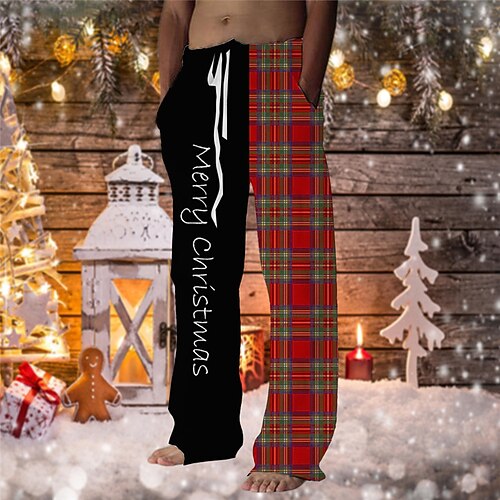 

Men's Christmas Pants Trousers Beach Pants Drawstring Elastic Waist 3D Print Color Block Plaid Checkered Graphic Prints Comfort Soft Christmas Casual Daily Streetwear Designer Black / Red Red