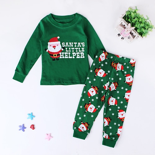 

Toddler Boys 2 Pieces Christmas Pajama Set Long Sleeve Green Letter Santa Claus Winter Fall Basic Home 3-7 Years