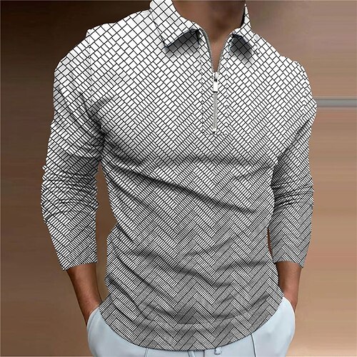 

Men's Polo Shirt Golf Shirt Graphic Prints Geometry Turndown Black Gray 3D Print Outdoor Street Long Sleeve Zipper Print Clothing Apparel Fashion Designer Casual Soft