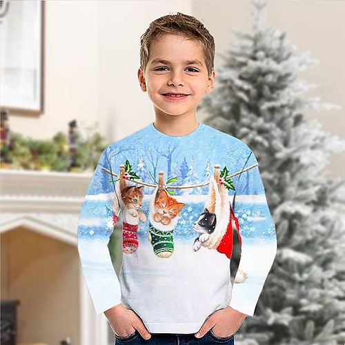 

Toddler Boys Christmas T shirt Tee Animal Cat Ugly Christmas Long Sleeve Crewneck Children Top Casual 3D Print Cute Daily Winter Fall Blue 7-13 Years