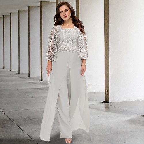 

Two Piece Jumpsuits Plus Size Curve Mother of the Bride Dresses Elegant Dress Formal Floor Length Sleeveless Square Neck Chiffon with Slit Appliques 2022