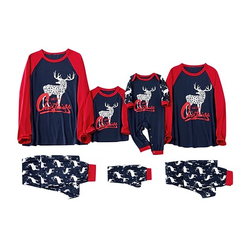 

Christmas Pajamas Family Graphic Letter Elk Home Navy Blue Long Sleeve Basic Matching Outfits