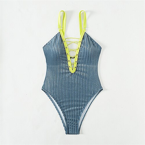 

Women's Swimwear One Piece Monokini Bathing Suits Normal Swimsuit Backless Tummy Control High Waisted Color Block Dusty Blue V Wire Bathing Suits New Vacation Sexy